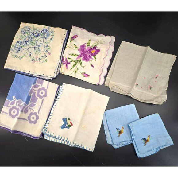 Vintage Handkerchief Lot With Floral Embroidery Cross-Stitch CM2041 - Picture 2 of 10
